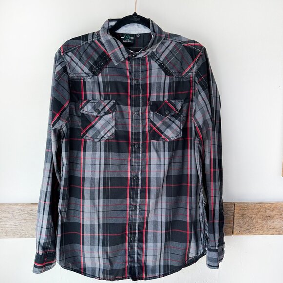 Burnside‎ Western Shirt Black Snaps Plaid Topstitching Men's M Red Gray - Picture 2 of 6